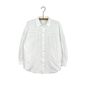 Zara Womens Medium White Poplin Collared Shirt Lace Detail Long Sleeve